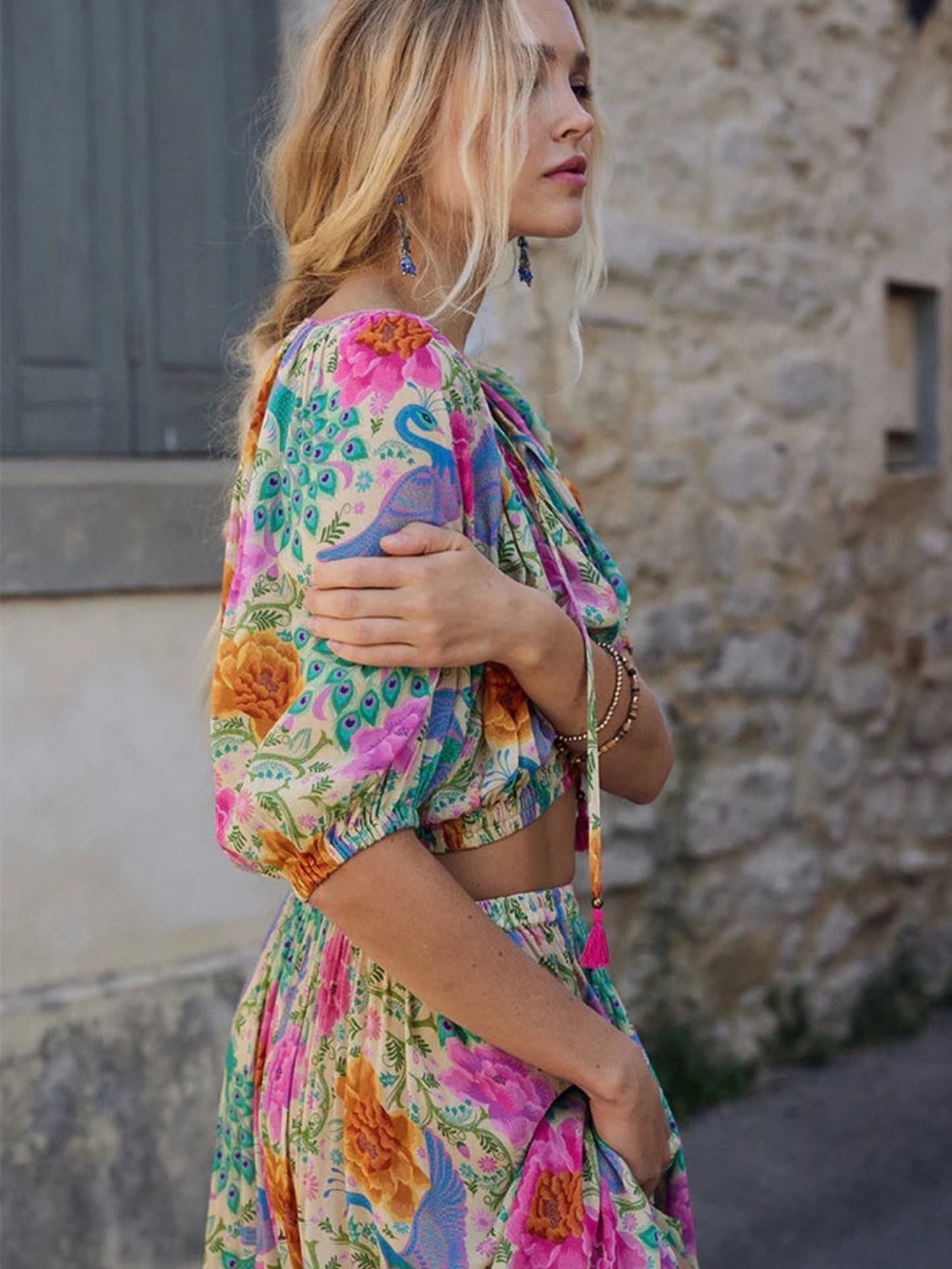 SPELL Bohème Spring Peacock Floral Crop Top Maxi Skirt Set M - Picture 2 of 5